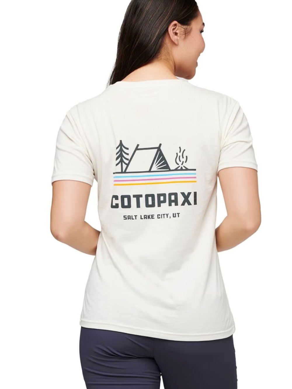 Cotopaxi Off-White Women's Camp Graphic Tee with Rainbow Stripes